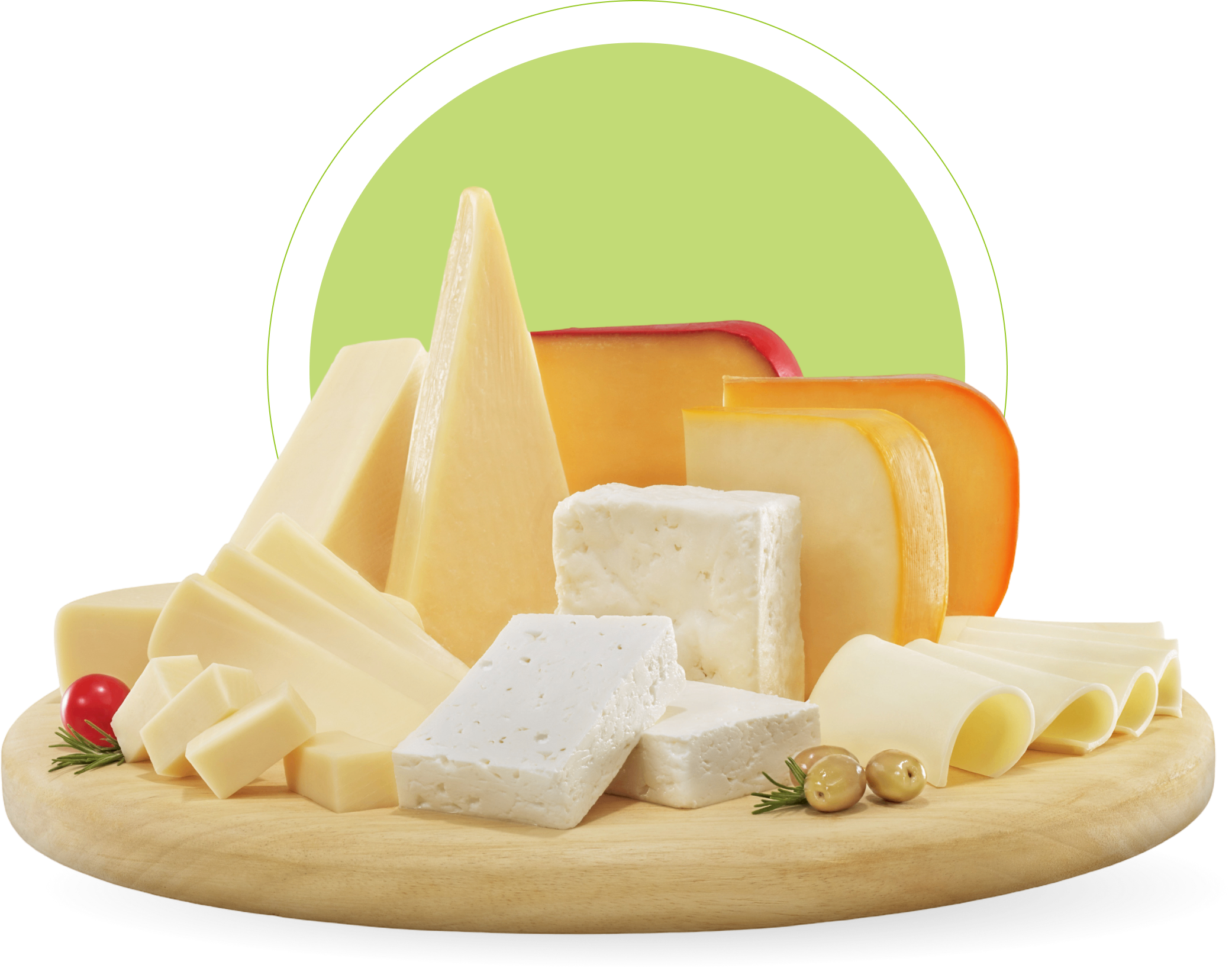 Assorted cheeses on a wooden platter.