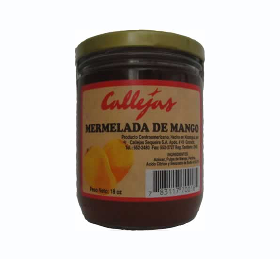 Mango marmalade jar with green lid.