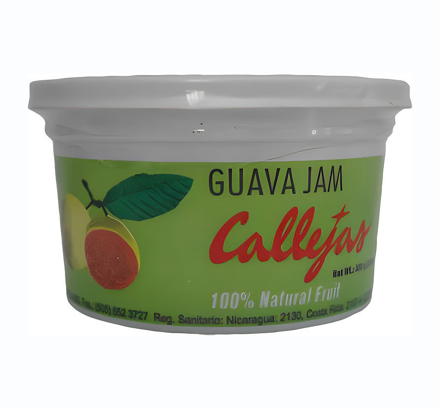 Guava jam container with green label.